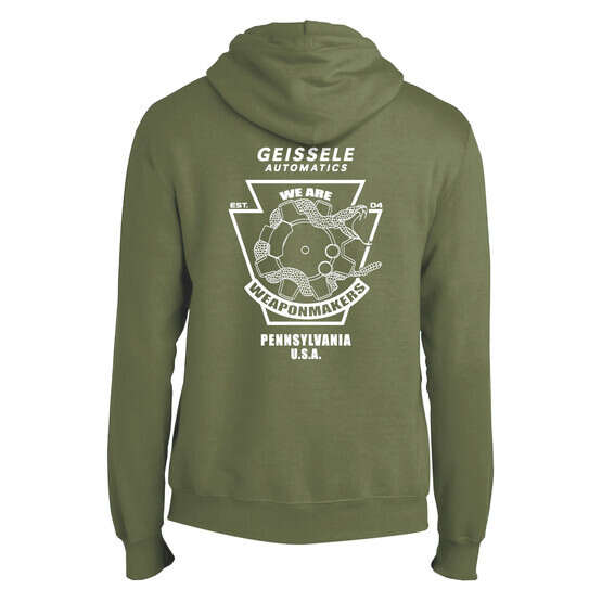 Geissele Angry Snake Bolt Hooded Sweatshirt in OD Green with angry snake bolt logo on the back